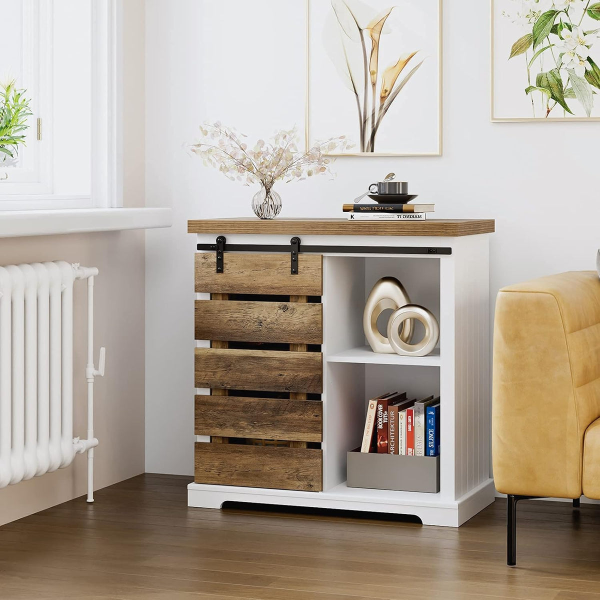Rustic Brown and White Storage Cabinet with Adjustable Shelf F6642