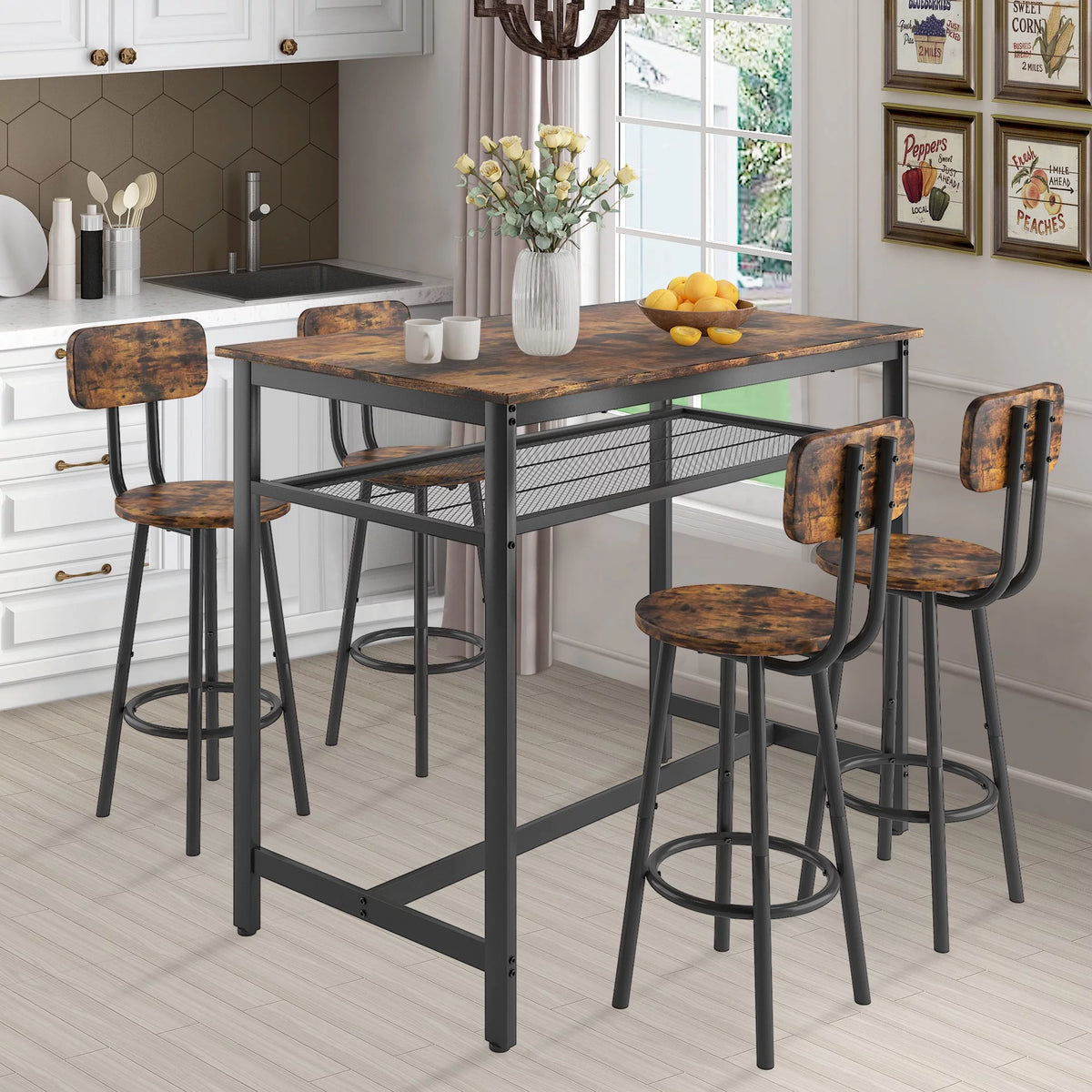 Brown 5 Piece Counter Height Dining Table and Chairs Set D7587