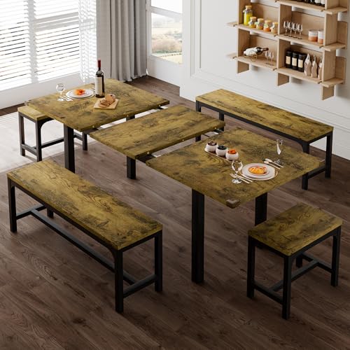 5-Piece Extendable Wooden Dining Table Set with 2 Benches and 2 Stools K7802