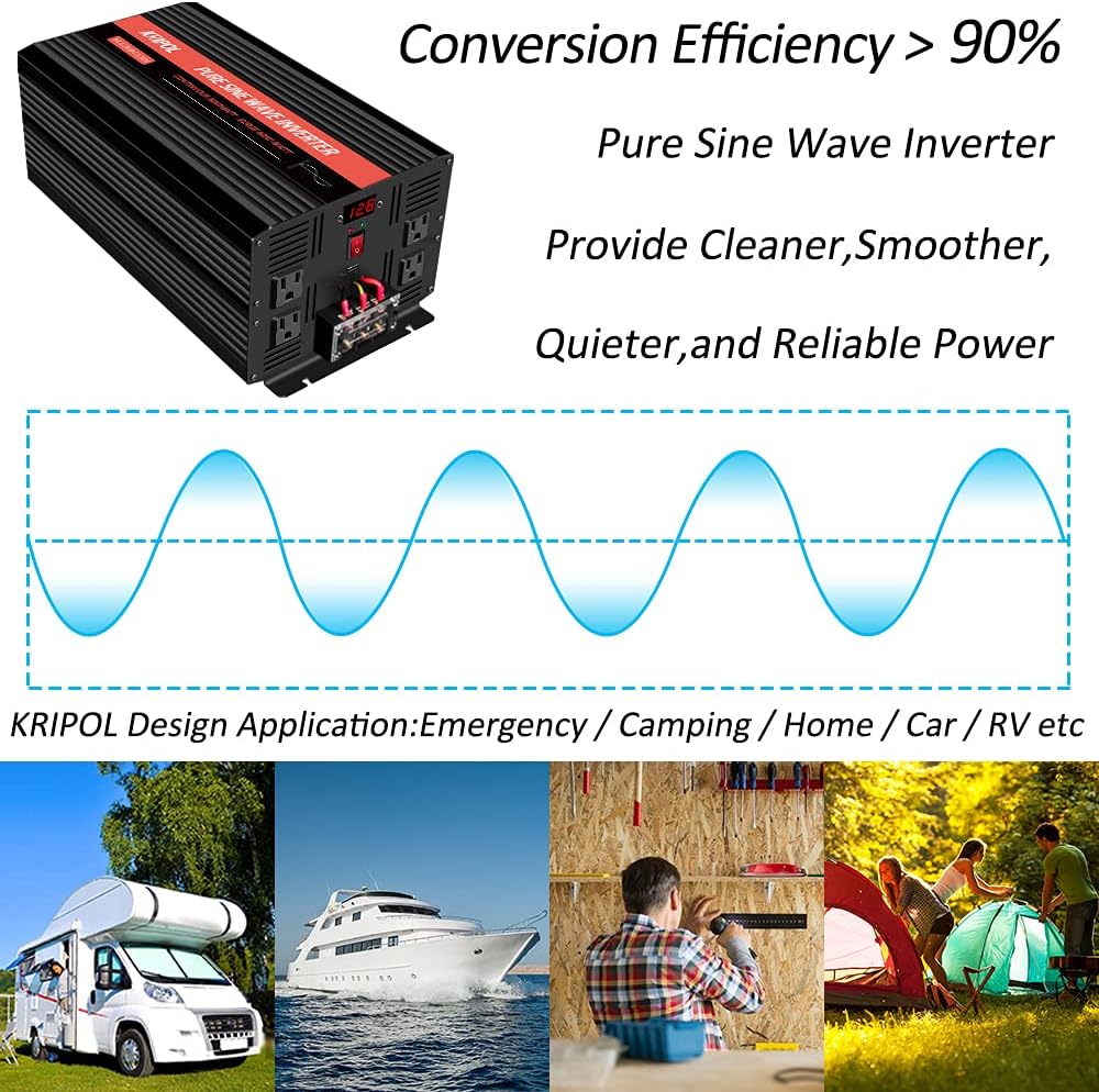 3000 Watt Pure Sine Wave Inverter 12V DC to 110V/120V AC with 4 AC Outlets & USB J6068