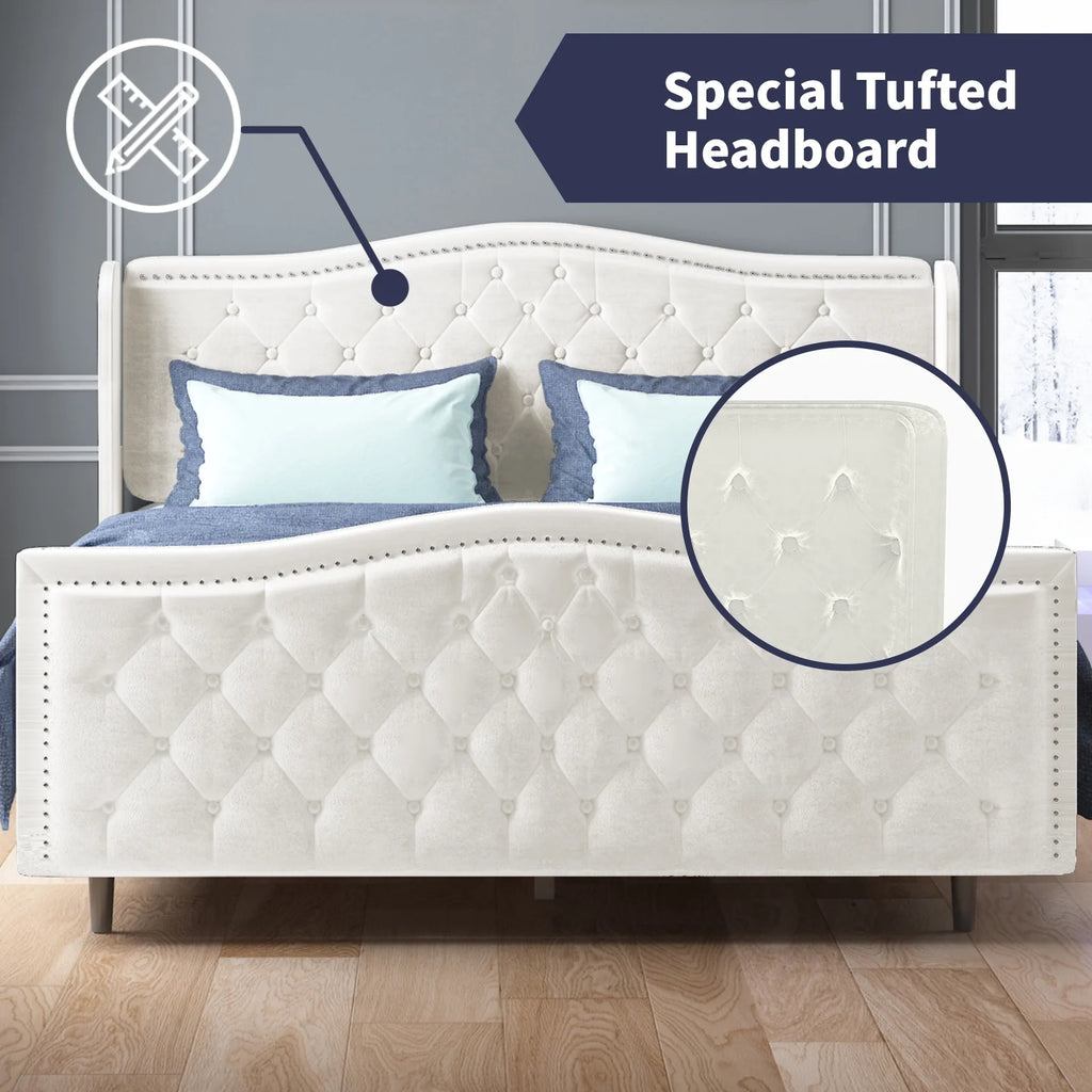 King Size Bright White Button Tufted Velvet Upholstered Platform Bed Frame C8757