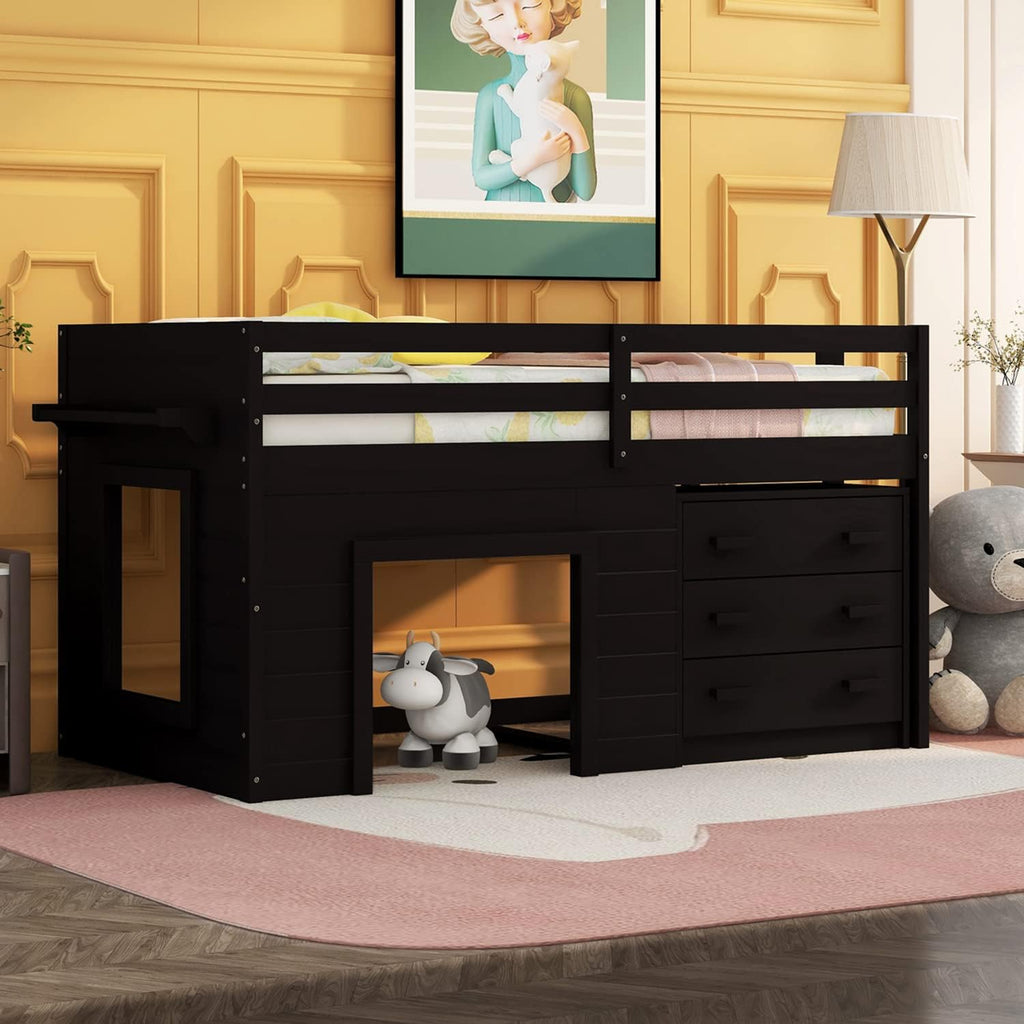 White Wood Twin Loft Bed with Storage Drawers Q5762