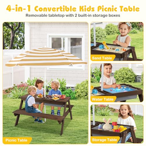 Kids Wooden Picnic Table and Chair Set with Umbrella F922