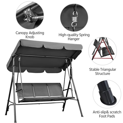 Gray 3-Seat Outdoor Patio Swing Chair with Adjustable Canopy N992
