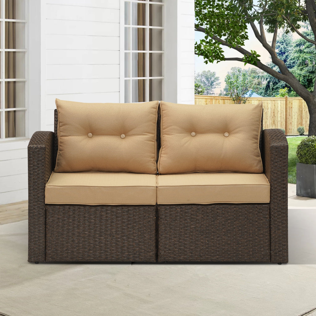 Brown Wicker Rattan Corner Sofa with Beige Cushions E332