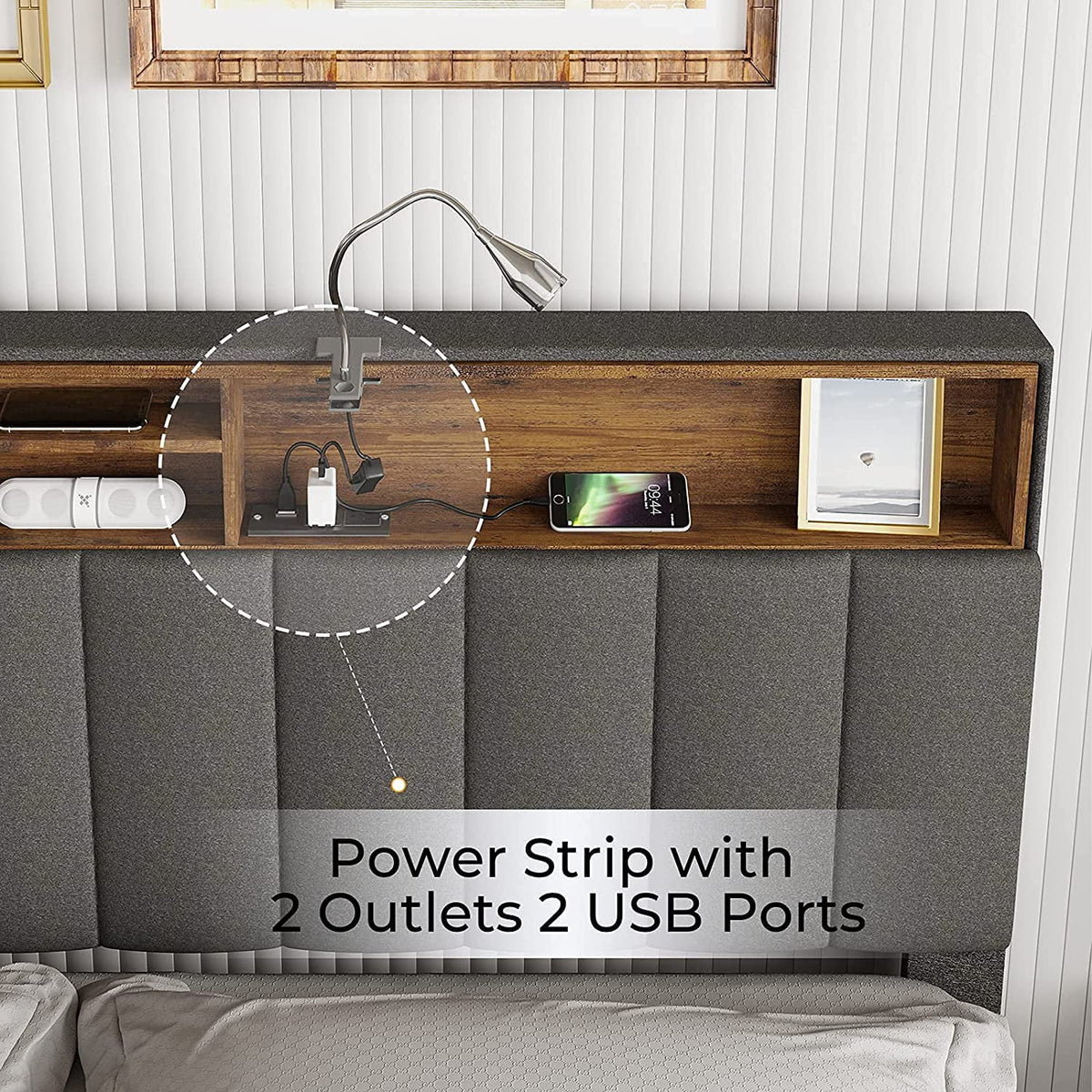 Queen Size Fabric Upholstered Platform Bed Frame with Storage Headboard V991719