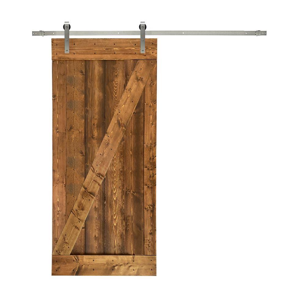 24 in. x 84 in. Brown Solid Knotty Pine Wood Interior Sliding Barn Door with Hardware Kit Z976
