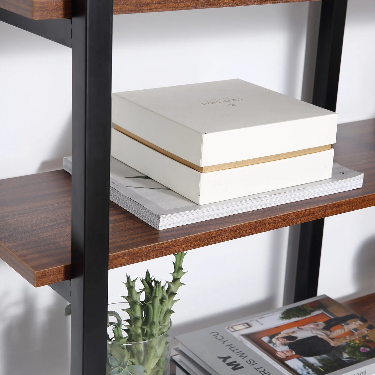 Black Walnut L-Shaped Computer Desk with Display Shelves L6050