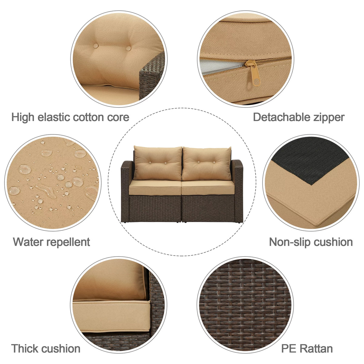 Brown Wicker Rattan Corner Sofa with Beige Cushions E332