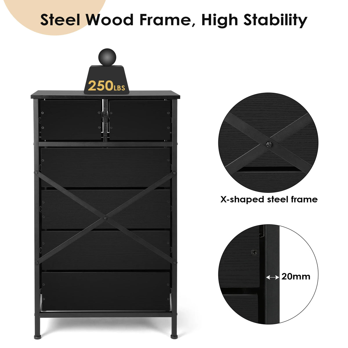 6 Drawer Wood Dresser with Steel Frame N229