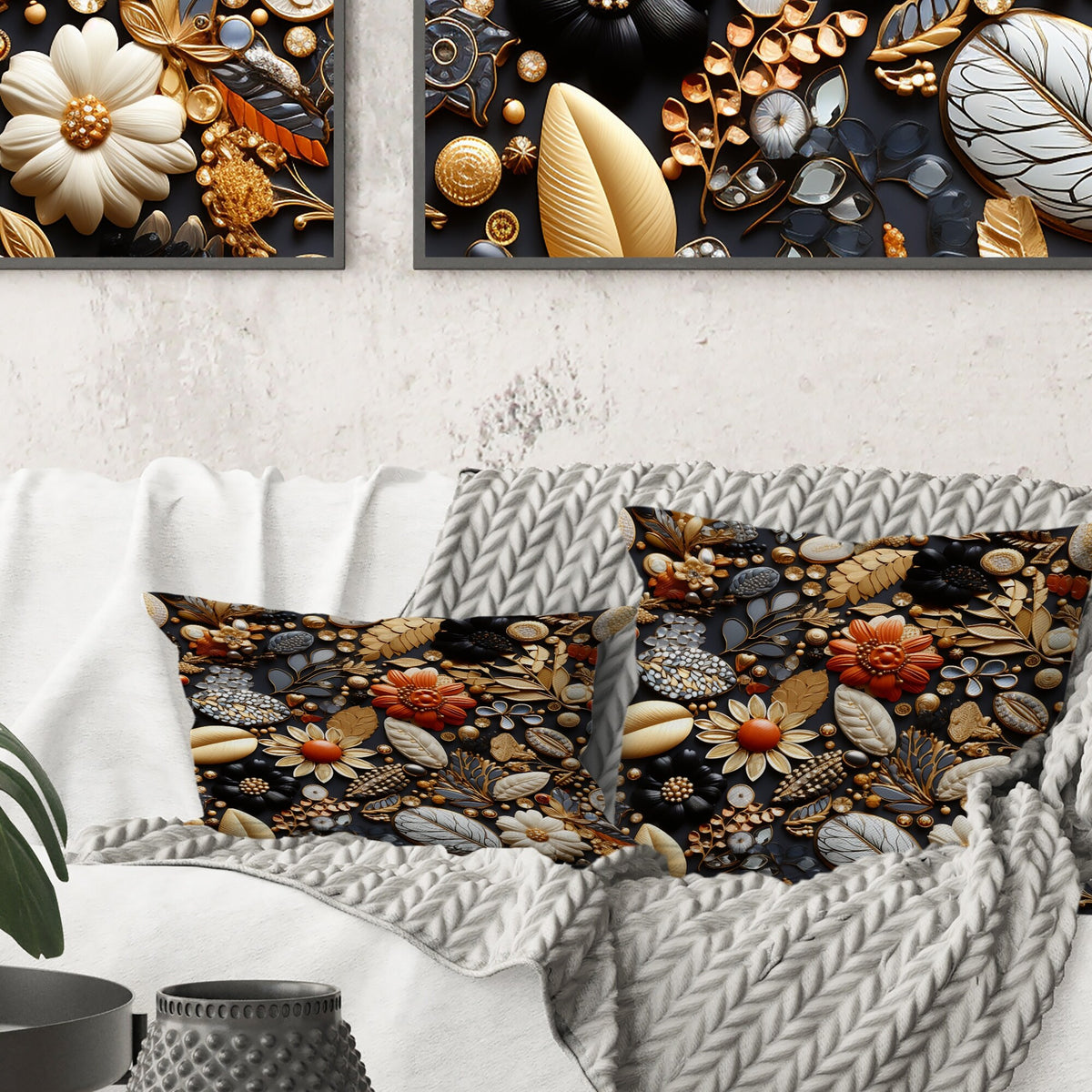 Black Boho Printed Throw Pillow I524889
