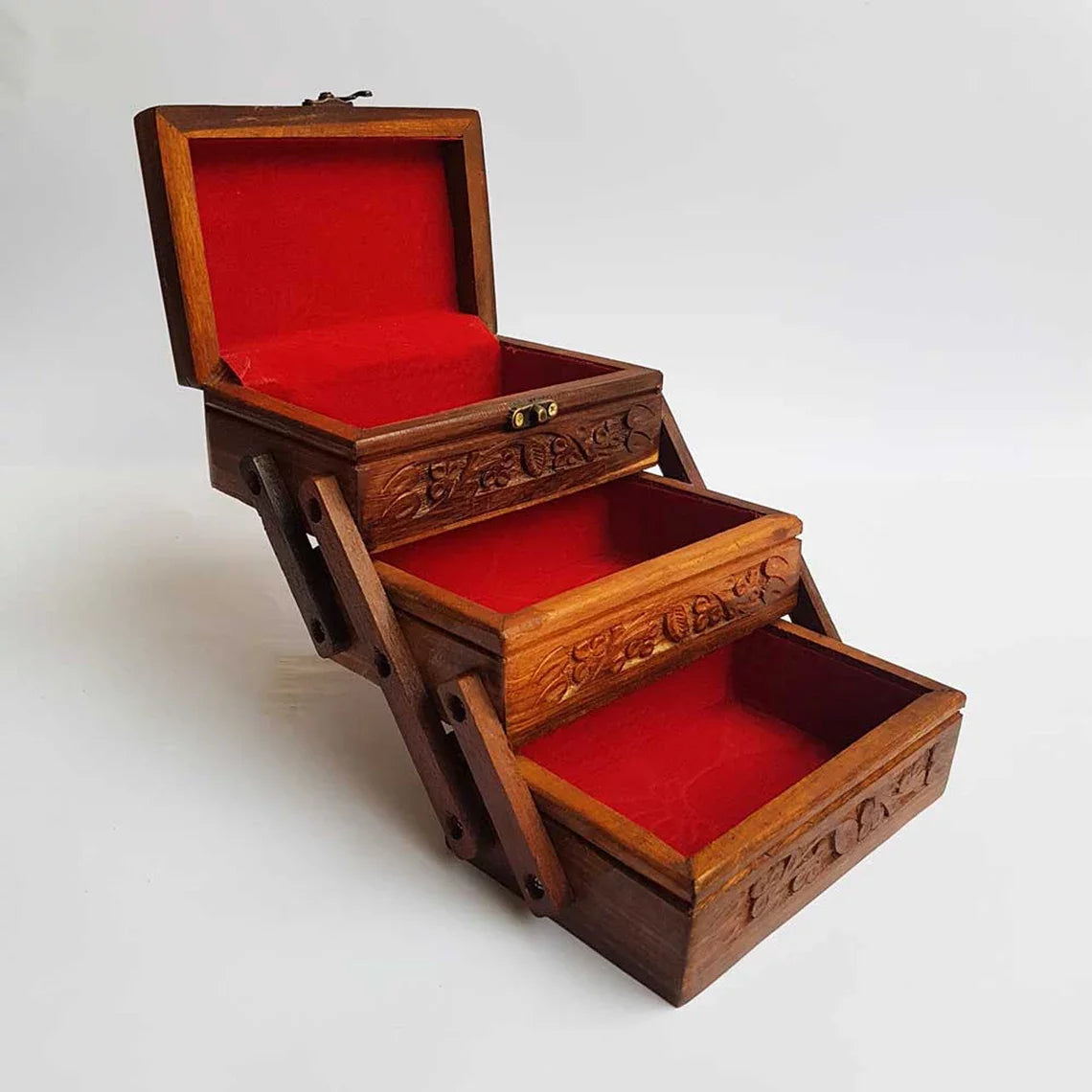 Hand Carved Wooden Jewelry Organizer with Lock T9891