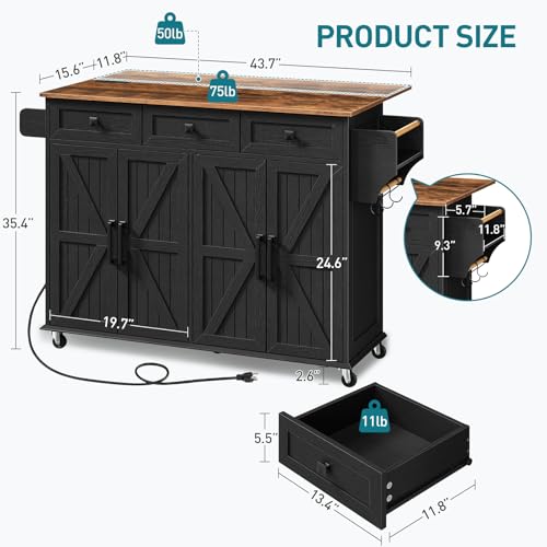 White and Walnut Kitchen Island with Drop Leaf, Charging Station, 3 Drawers and Storage W250