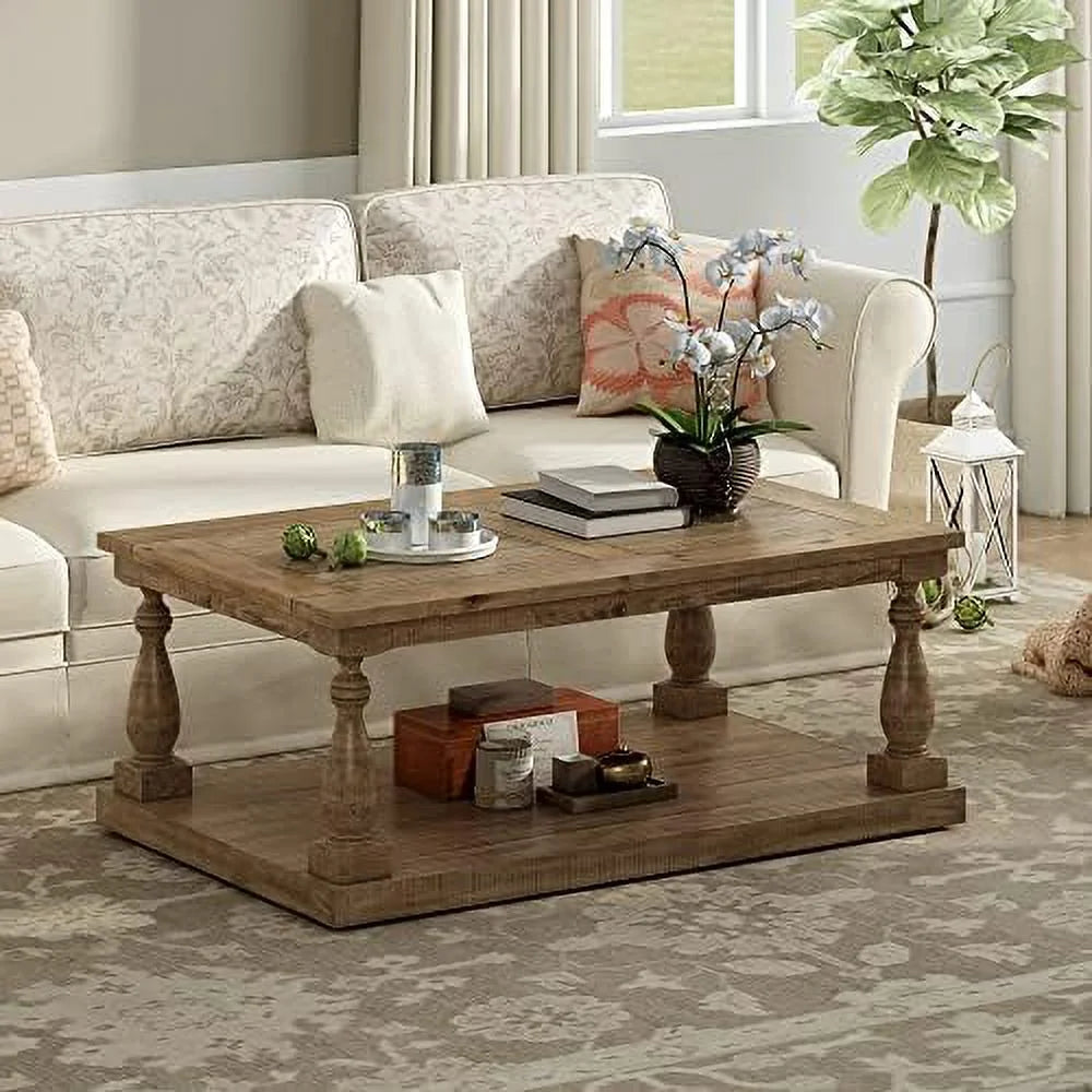 Yellow Brown Solid Pine Wood Coffee Table with Storage Shelf Z9847