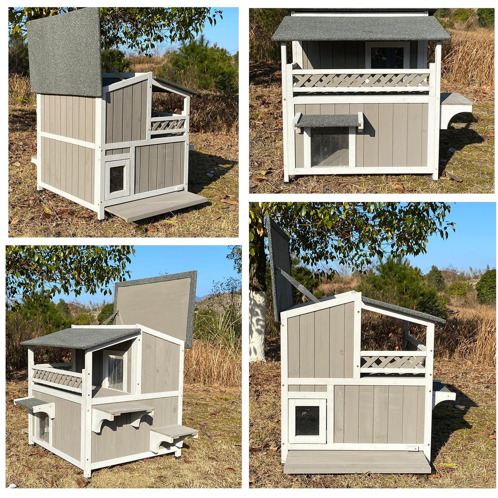 Outdoor 2-Story Wooden Cat House with Balcony S7835