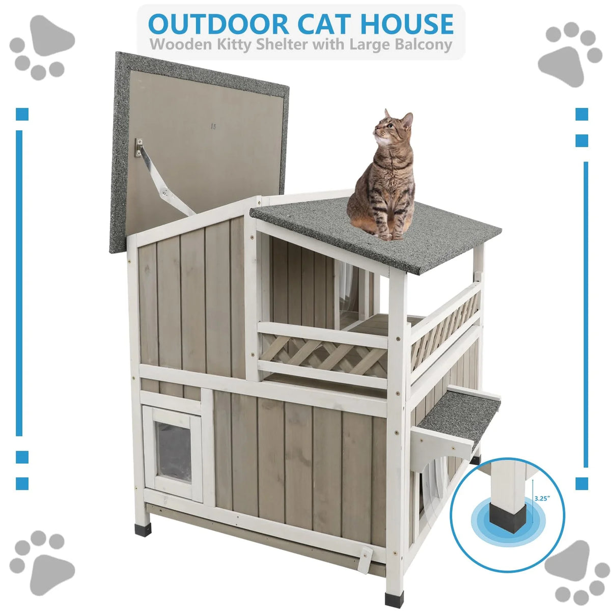 Outdoor 2-Story Wooden Cat House with Balcony S7835