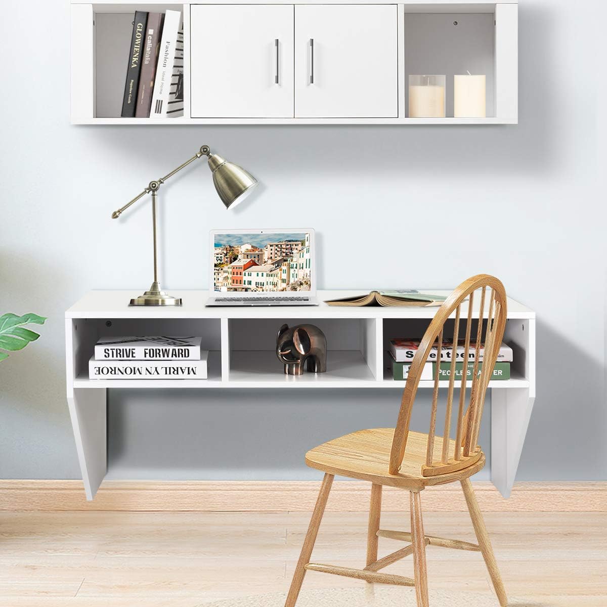 Wall Mounted Storage Cabinet and Floating Computer Desk Set with Storage Shelves D97952
