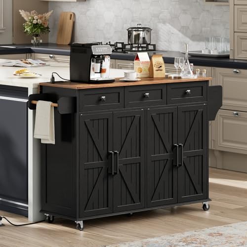 White and Walnut Kitchen Island with Drop Leaf, Charging Station, 3 Drawers and Storage W250