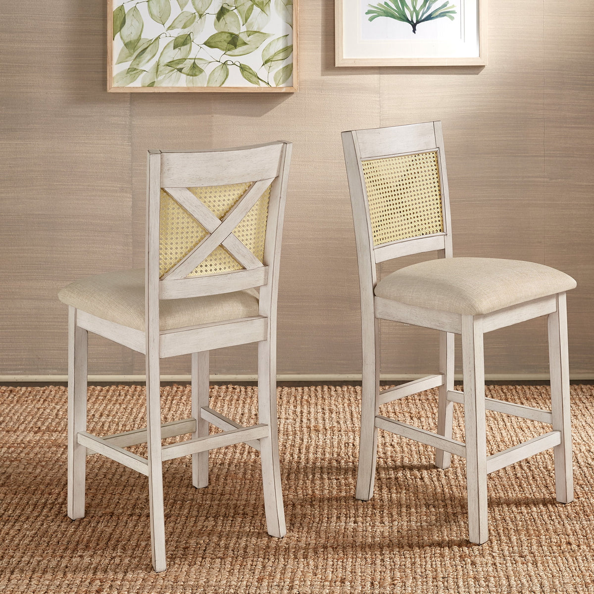 Antique White Beige Linen Counter Height Chair Set of 2 E164151