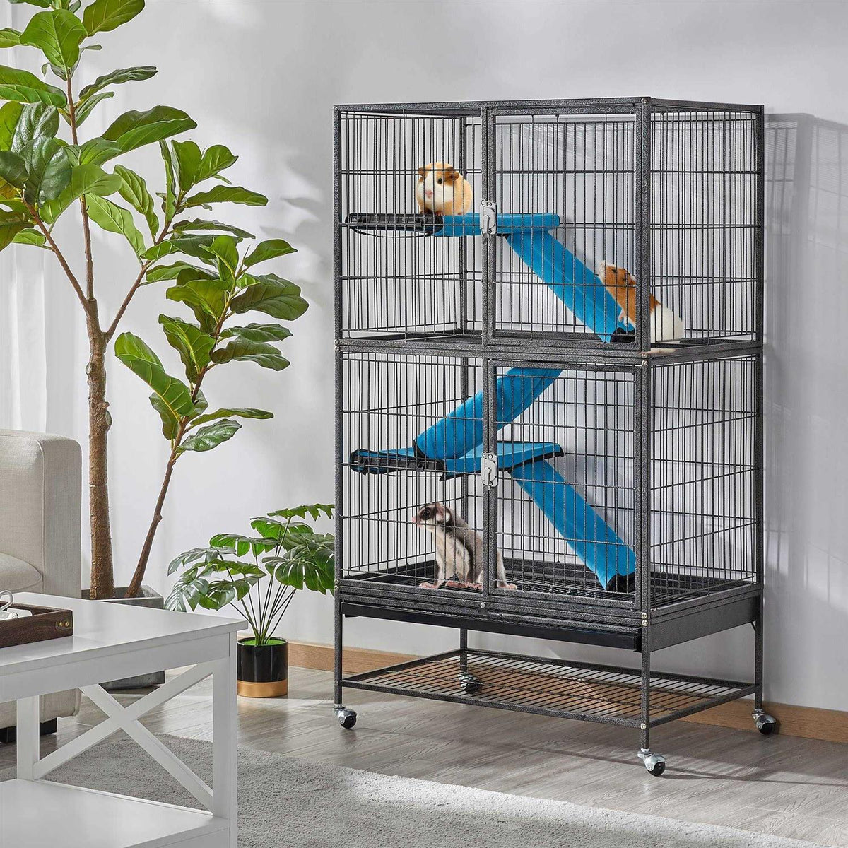 Hammered Black Rolling Metal Small Animal Cage with Removable Ramp F944192