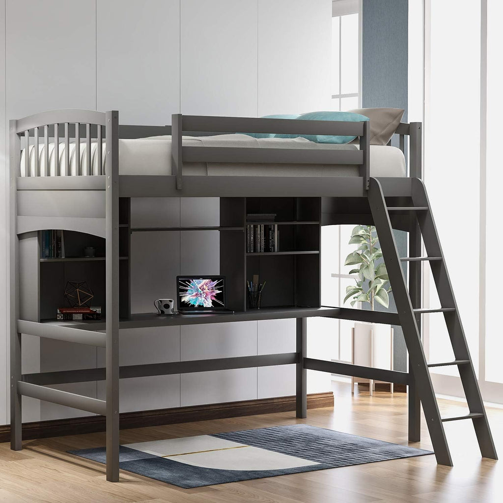 Twin Size Solid Wood Loft Bed with Desk and Storage Shelves N70158