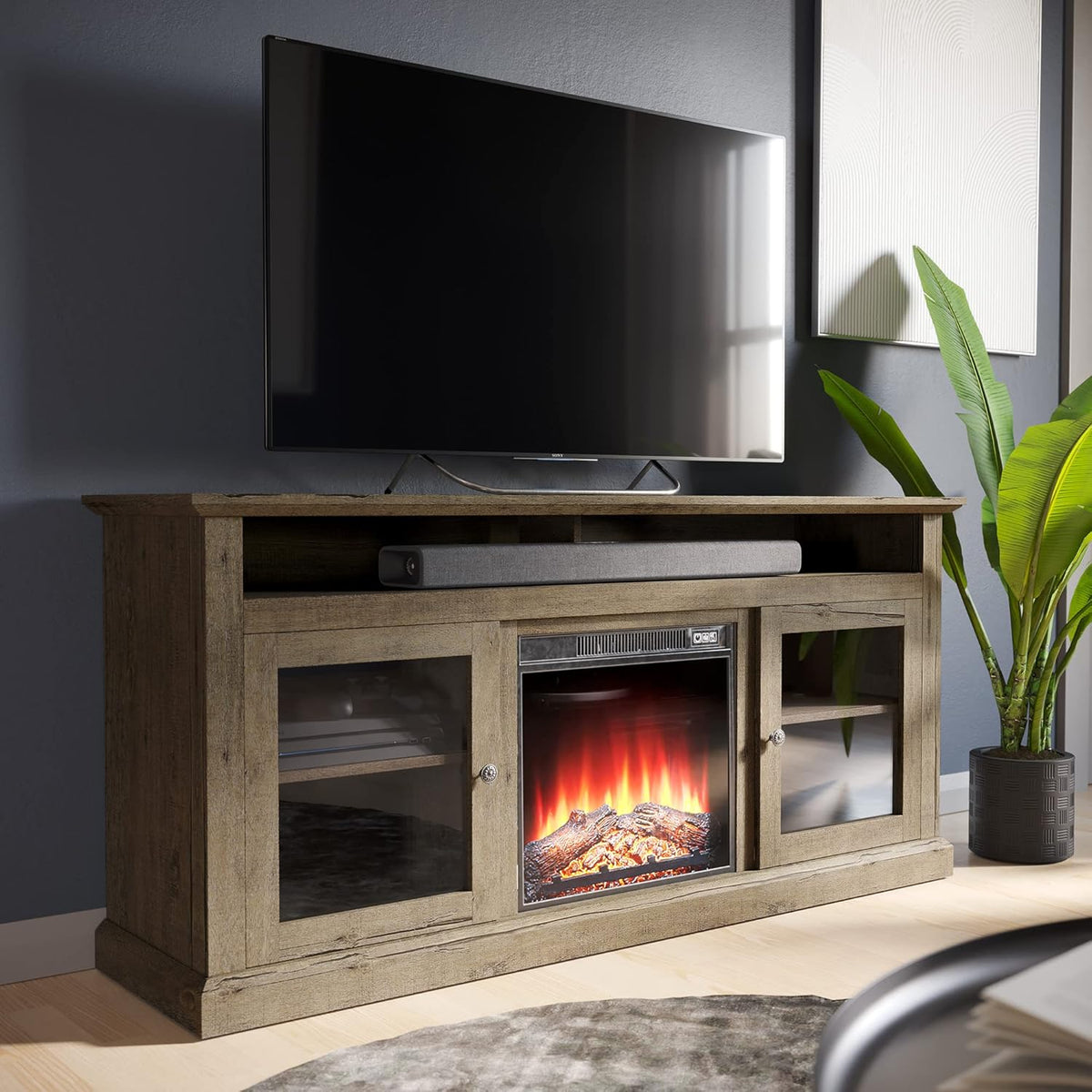 60 Inch Electric Fireplace TV Stand with Open Storage Shelves & Cabinets U5606
