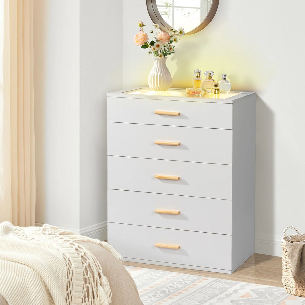 Black 5 Drawer Wood Dresser with Tempered Glass Top F753