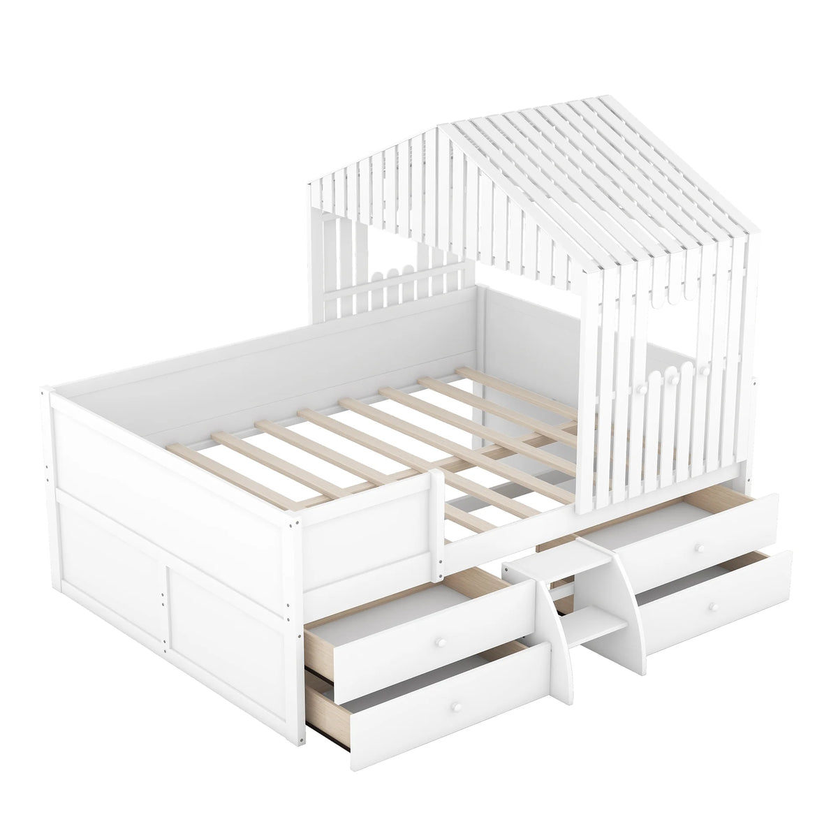 Full Size Low Loft Bed with Roof and Drawers, White G728264