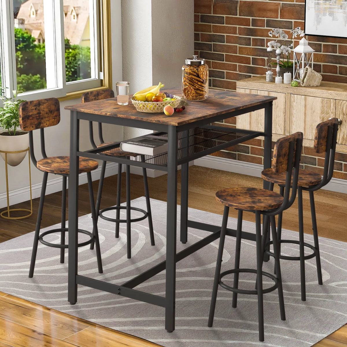 Brown 5 Piece Counter Height Dining Table and Chairs Set D7587