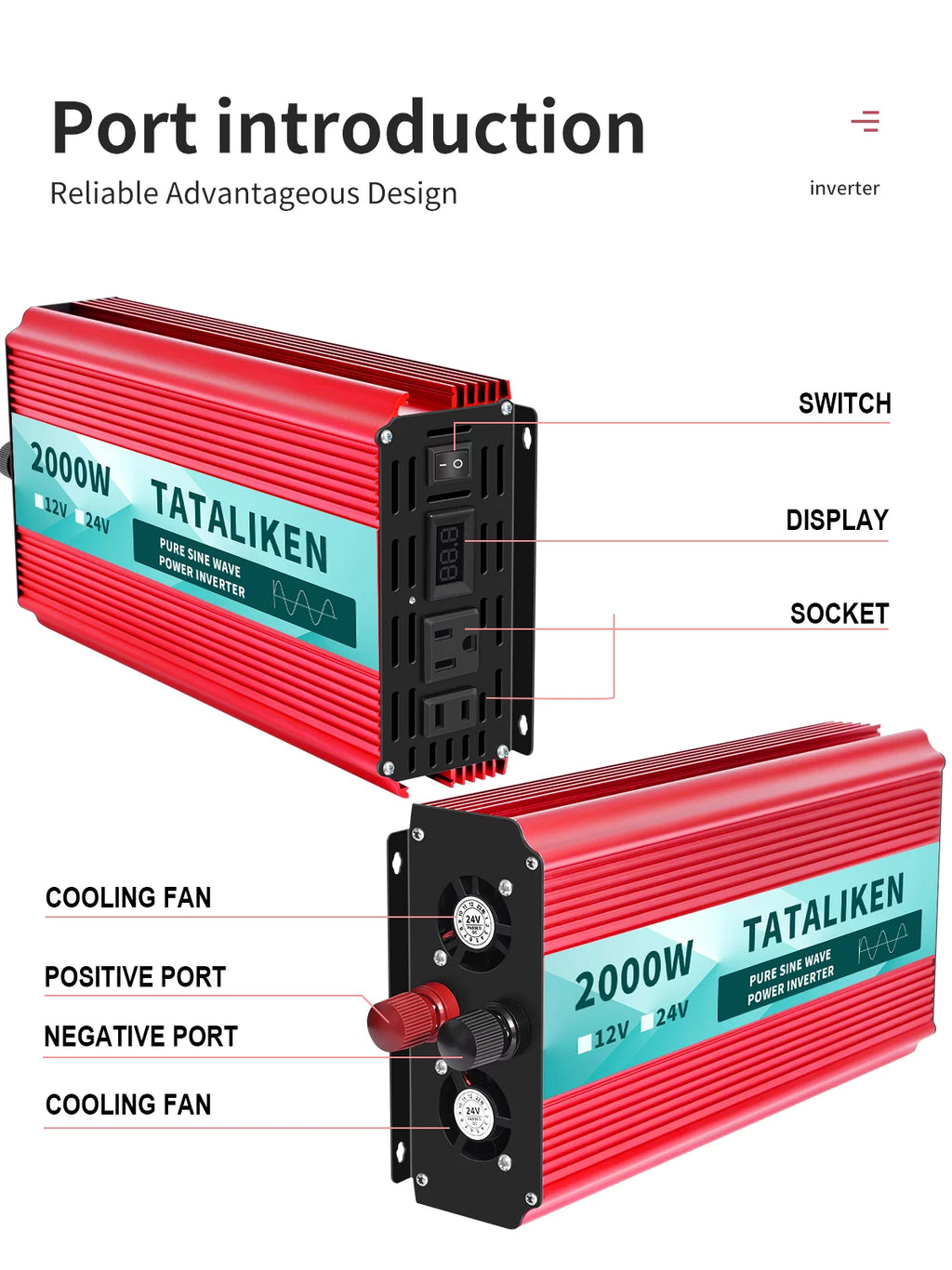 2000 Watts Pure Sine Wave Power Inverter DC 12V to AC 110V/120V with 2 AC Outlets J440