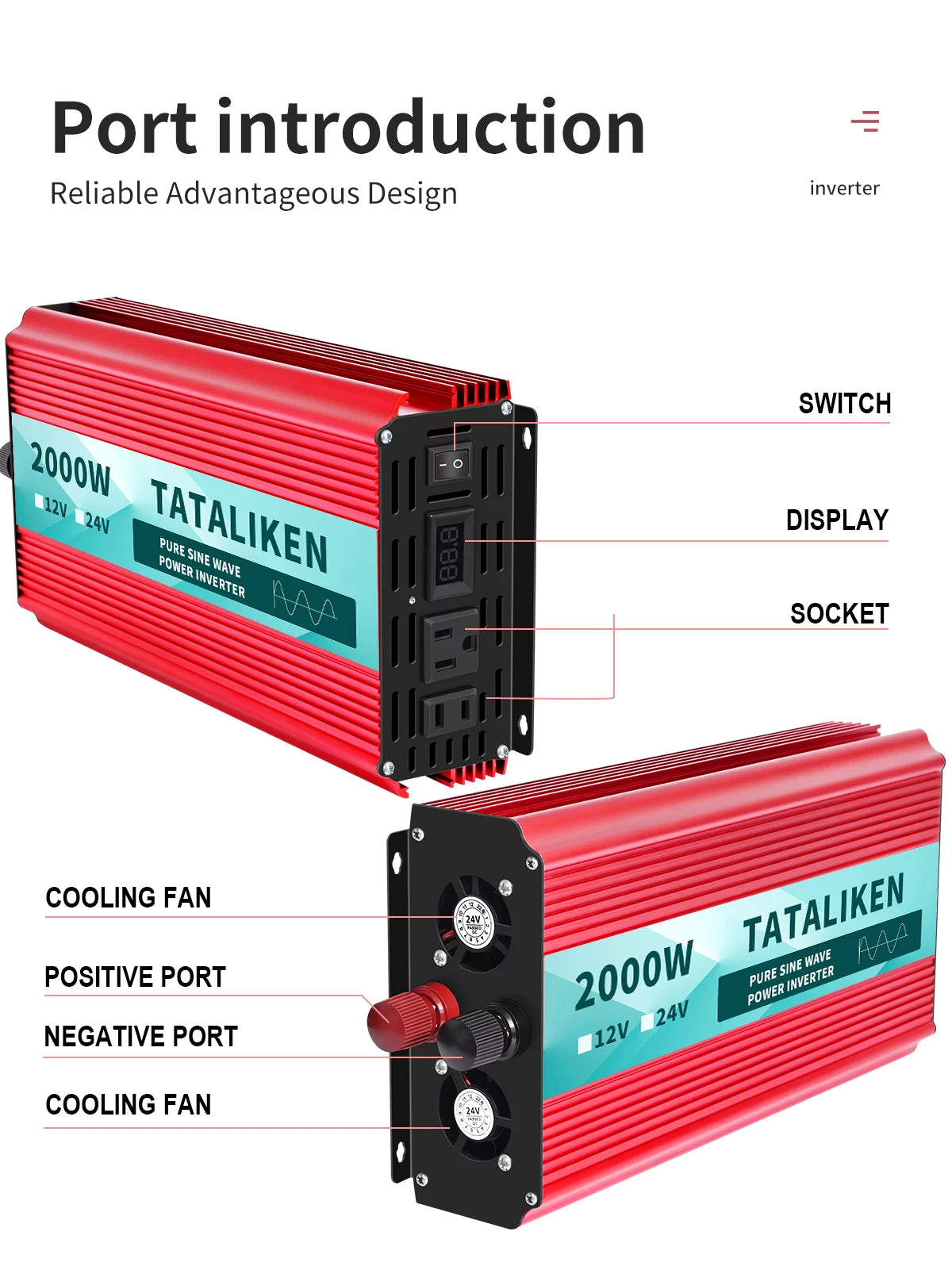 2000 Watts Pure Sine Wave Power Inverter DC 12V to AC 110V/120V with 2 AC Outlets J440