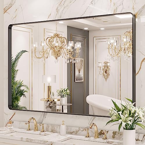Black Metal Framed 22X30 Inch Rounded Rectangle Bathroom Mirror N3407
