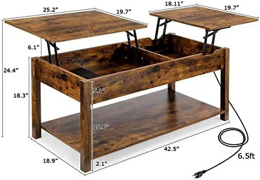 42.5" Lift Top Coffee Table with Hidden Compartment and USB Ports X941