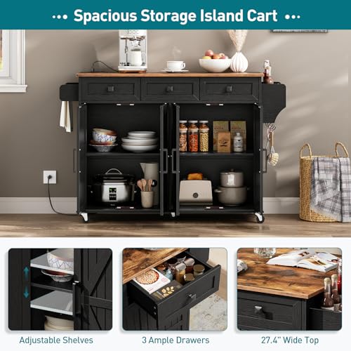 White and Walnut Kitchen Island with Drop Leaf, Charging Station, 3 Drawers and Storage W250