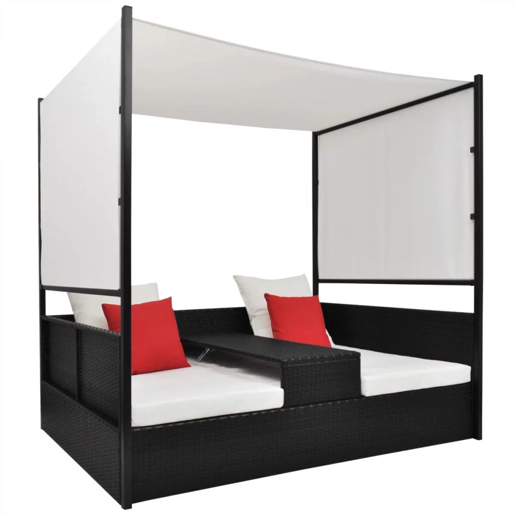 Black Poly Rattan Garden Bed with Canopy X2162