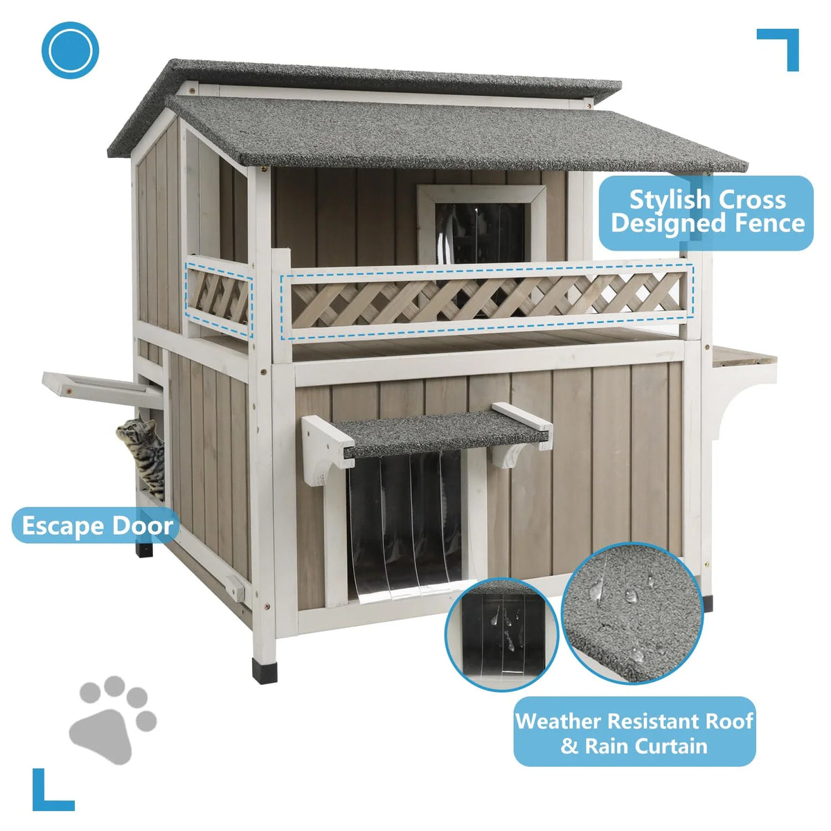 Outdoor 2-Story Wooden Cat House with Balcony S7835