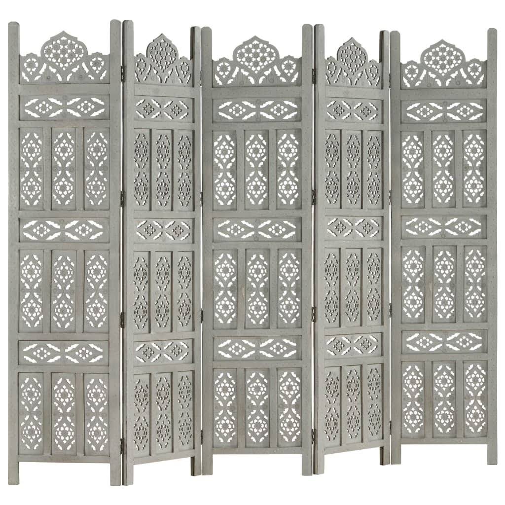 Hand Carved 5-Panel Gray Solid Mango Wood Room Divider C841