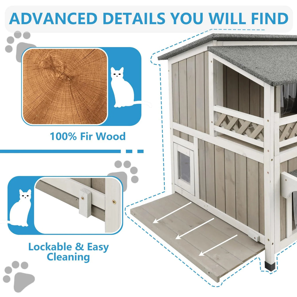 Outdoor 2-Story Wooden Cat House with Balcony S7835
