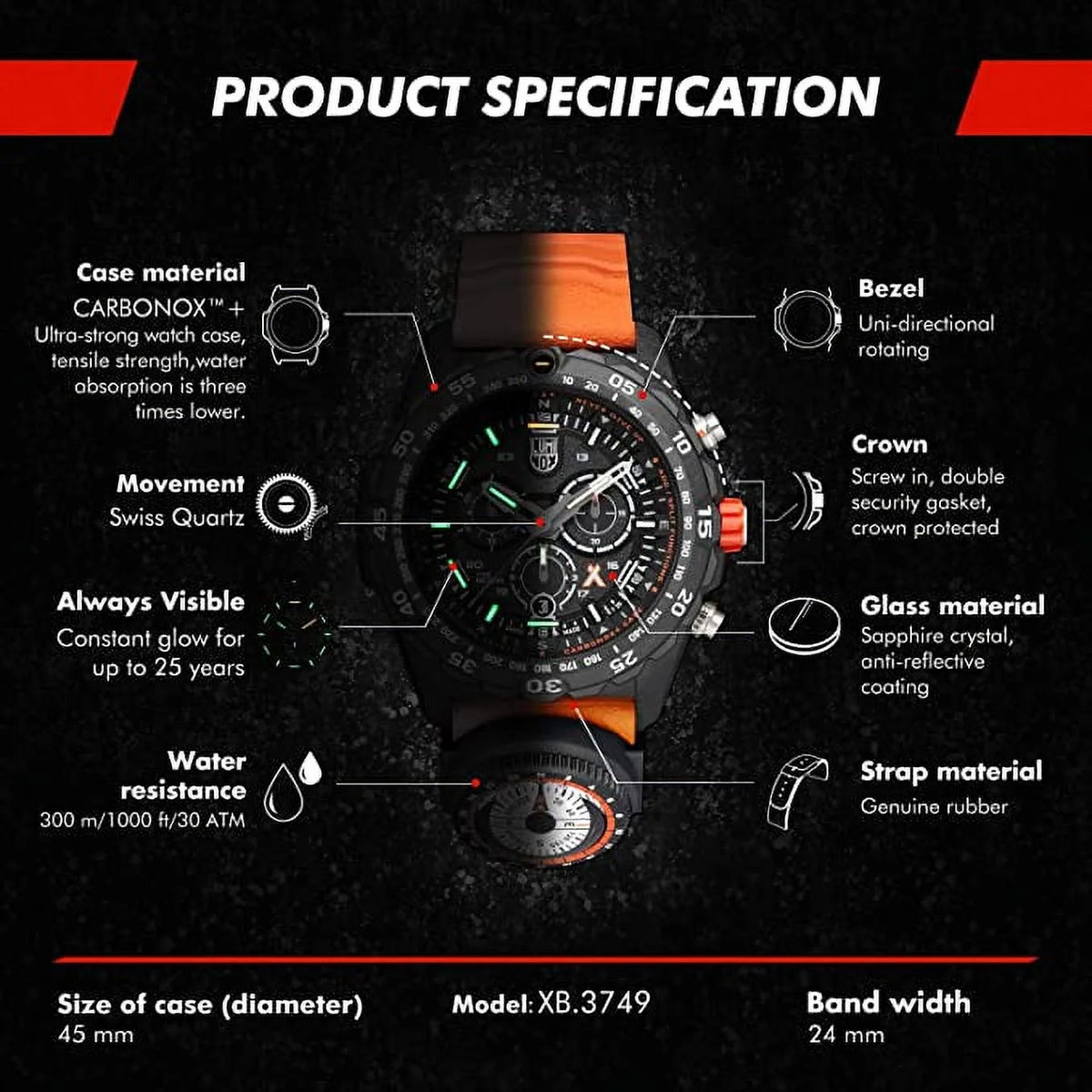 Black Orange Stainless Steel Swiss Made 45mm Watch E197895
