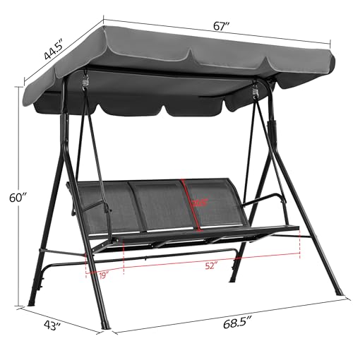 Gray 3-Seat Outdoor Patio Swing Chair with Adjustable Canopy N992
