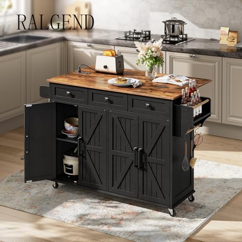 White and Walnut Kitchen Island with Drop Leaf, Charging Station, 3 Drawers and Storage W250