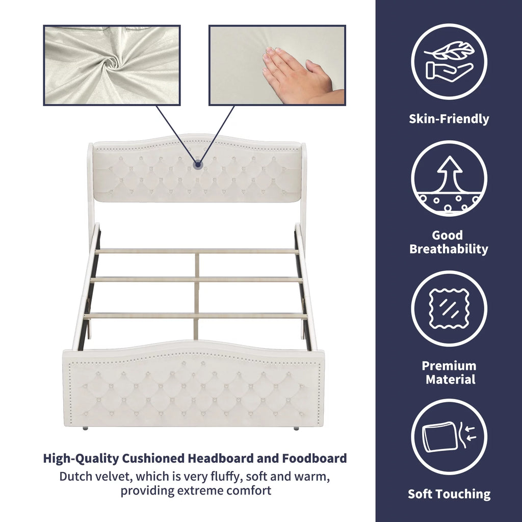 King Size Bright White Button Tufted Velvet Upholstered Platform Bed Frame C8757