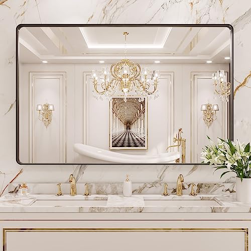 Black Metal Framed 22X30 Inch Rounded Rectangle Bathroom Mirror N3407
