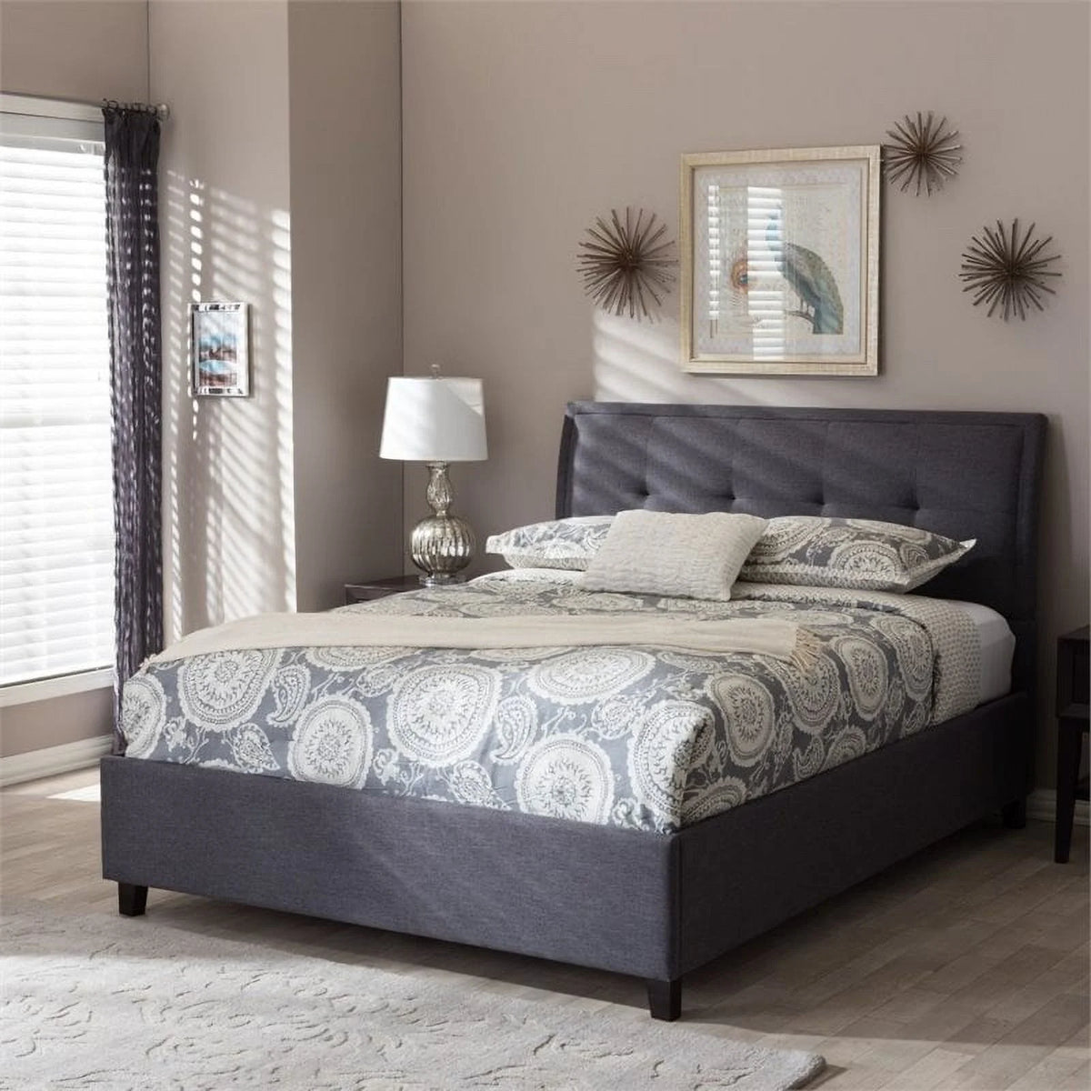 Modern Upholstered Fabric Queen Platform Bed in Dark Gray A43001