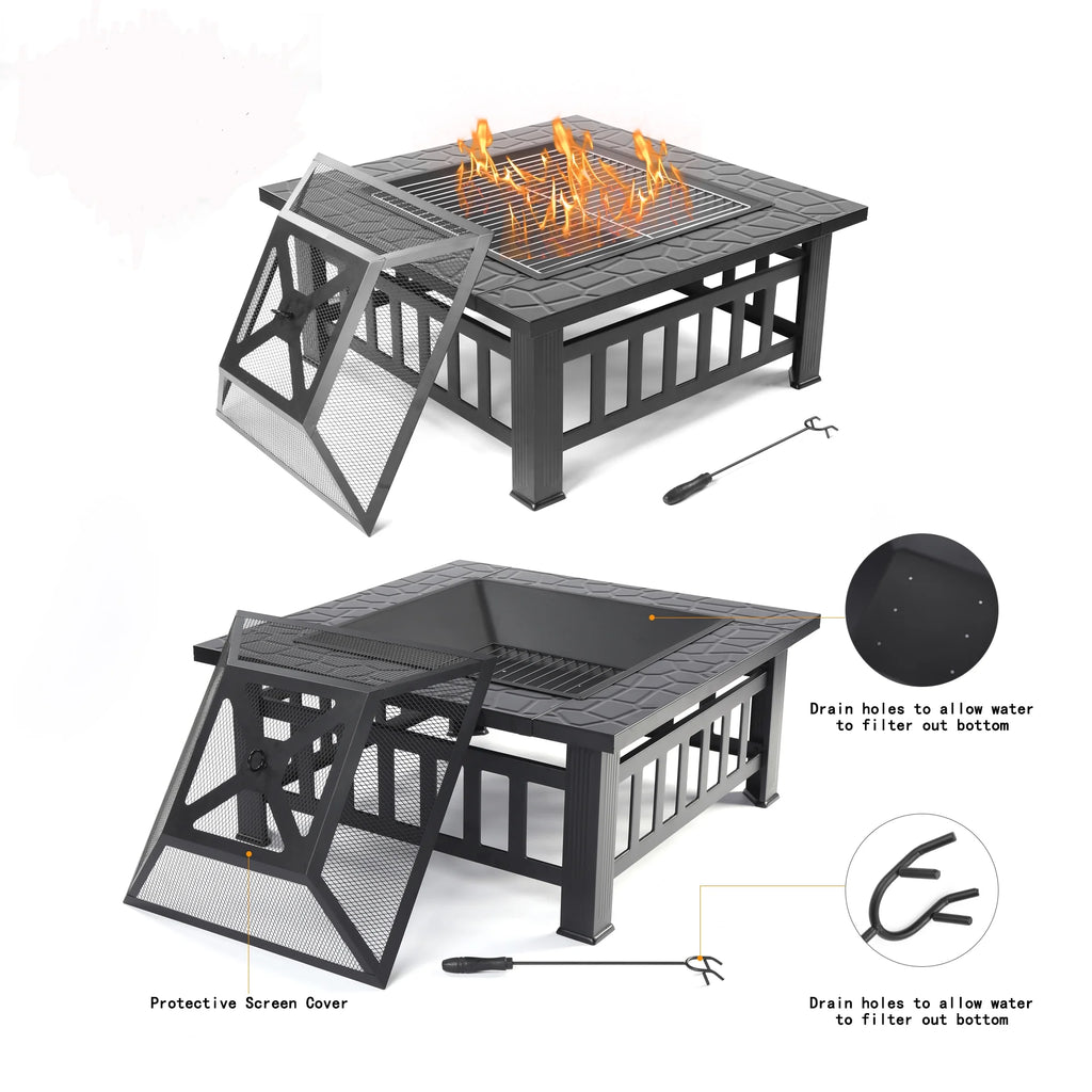 32 Square Metal Fire Pit Table with Spark Screen & Log Poker R899306