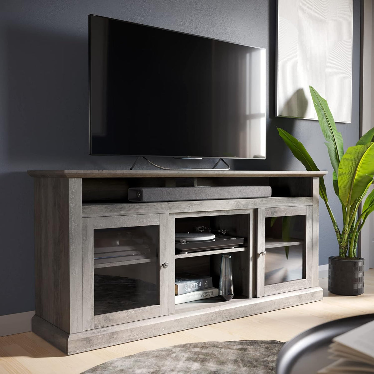 60 Inch Electric Fireplace TV Stand with Open Storage Shelves & Cabinets U5606