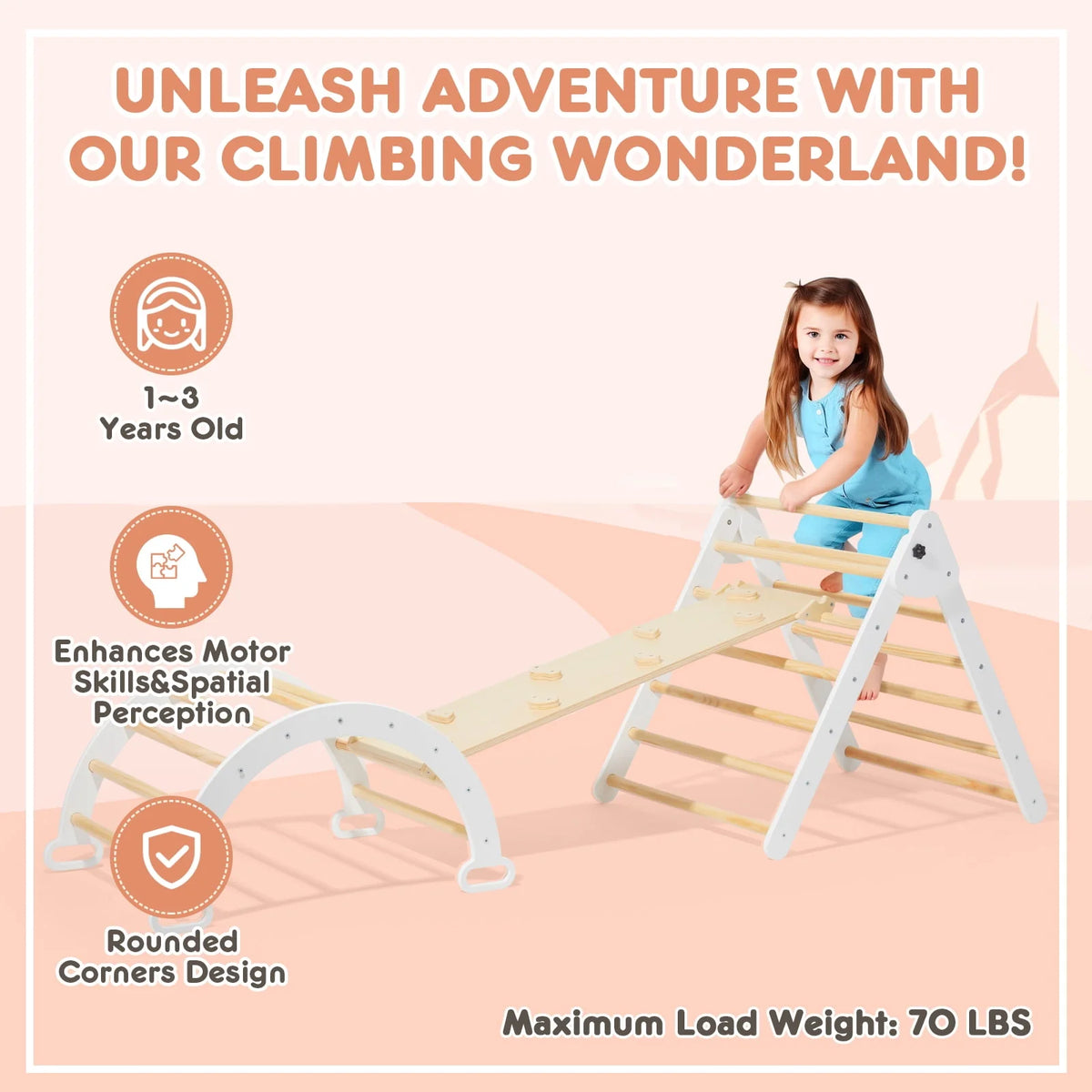 Foldable Wooden Climbing Triangle Arch with Ramp and Slide A7977
