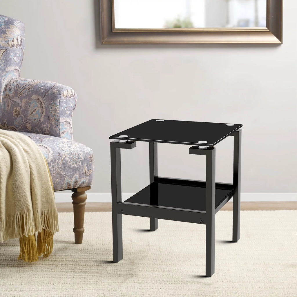 Black Glass Floor-standing End Table with Metal Legs and Open Shelf O2116