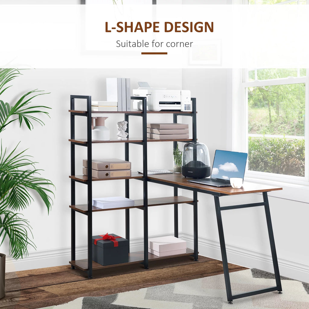 Black Walnut L-Shaped Computer Desk with Display Shelves L6050