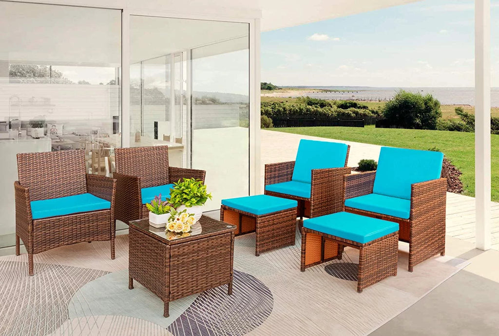7 Pieces Patio Furniture Set Cushioned Wicker Chairs with Ottoman and Glass Table E815941